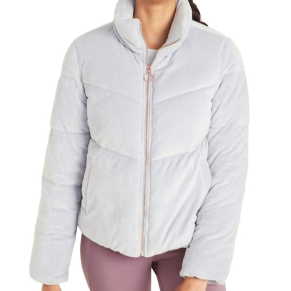 Old Navy Gray Velour Puffer Jacket Rose Gold Hardware Size S - Picture 1 of 8